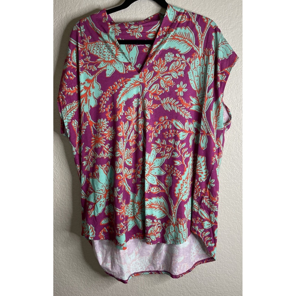 Soft Surroundings Womens 1X Top Purple Floral Cotton Modal V Neck Boho Tropical